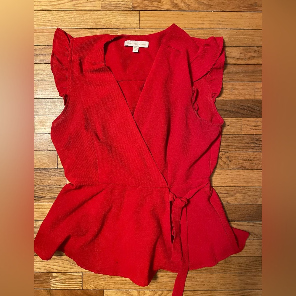 Monteau Red Flutter Sleeve Wrap Peplum Top